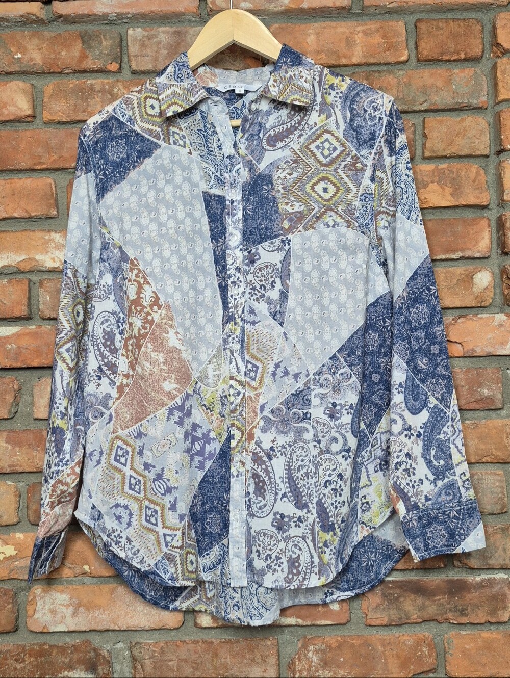 Cleo 100% Cotton Patchwork Paisley Button Front Shirt Blouse Size Medium